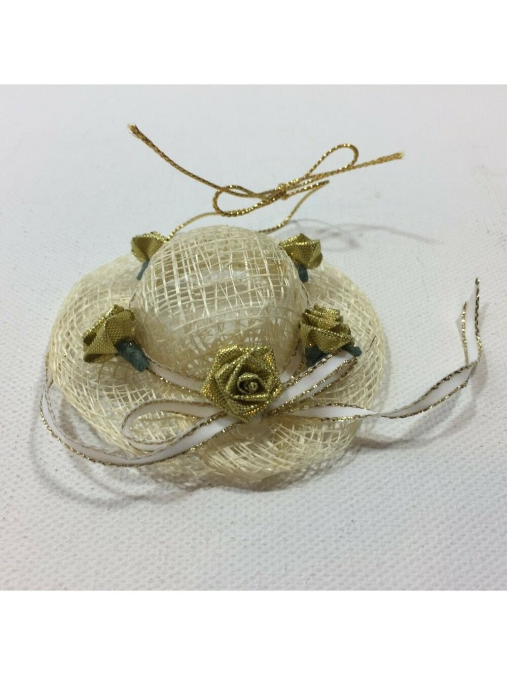 Vintage Handmade Victorian Gold Rose Hat Christmas Tree Ornament Holiday Decor